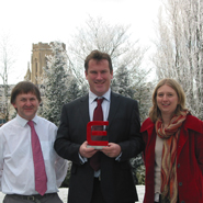 From left to right, Ed Sparks (Roke Manor), Tom Richardson with the award (Aero, Bristol Uni), Emma Brassington (Roke Manor).
