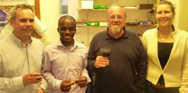 Mphoeng Ofithile with EfA founder Dr Kate Evans and examiners Professor Gareth Jones from Bristol's School of Biological Sciences (left) and Dr Martyn Gorman (University of Aberdeen)