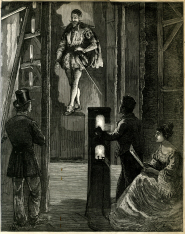 An engraving showing how the 'Pepper's Ghost' effect is created