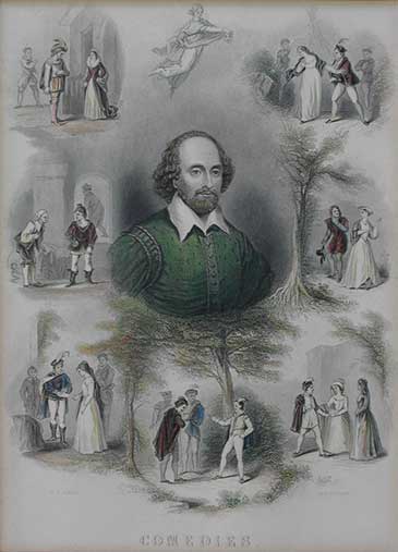 Engraving of William Shakespeare surrounded by scenes from his comedies 