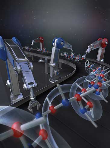 Image showing a hypothetical molecular  assembly line where reagents are effectively added to a growing carbon chain with extraordinary high fidelity and precision.  