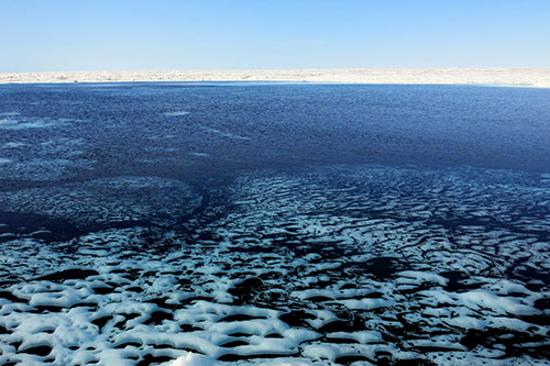 Image of a lake on the Greenland Ice Sheet which holds huge amounts of dust and organic matter bound together by filamentous cyanobacteria 