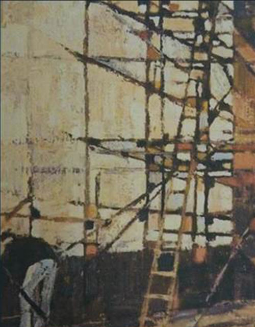 Image of Scaffolding Around a Tower by Peter Folkes RWA, 1963 Oil on board © RWA