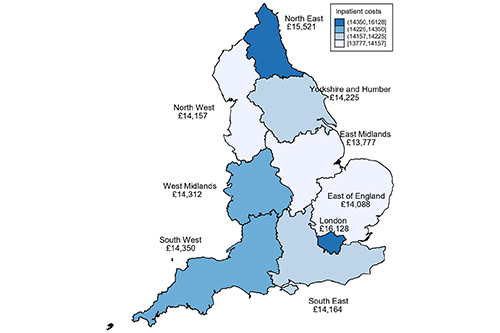 Map of average inpatient costs after hip fracture admission in English regions over a year