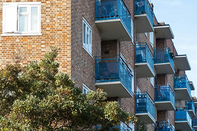 A high-rise building with balconies