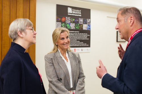 Professor Judith Squires, Deputy Vice-Chancellor, and Professor Paul Martin, Principal Investigator, discuss with HRH The Duchess of Edinburgh how the study could improve the lives of those affected by scars.