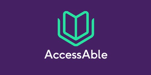 AccessAble logo. Green outline of a graphic resembling an open book against a purple background, with 'AccessAble' underneath in white.