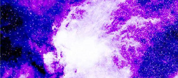 Hydrogen-Alpha imaging of a nebula. It appears as a bright swathes of white, violet and indigo against a black dotted background.
