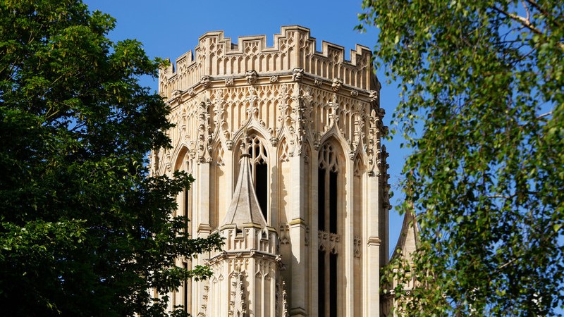 The top of the Wills Memorial Building tower. It is against a blue sky and flanked by trees on both sides.