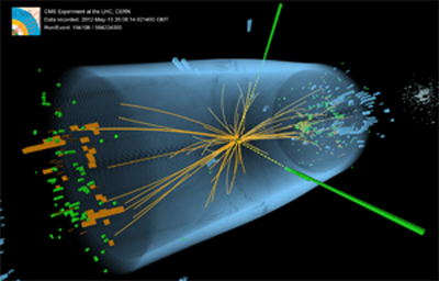 Pictured: an event seen the in CMS detector which is consistent with the decay of a Higgs boson to two photons