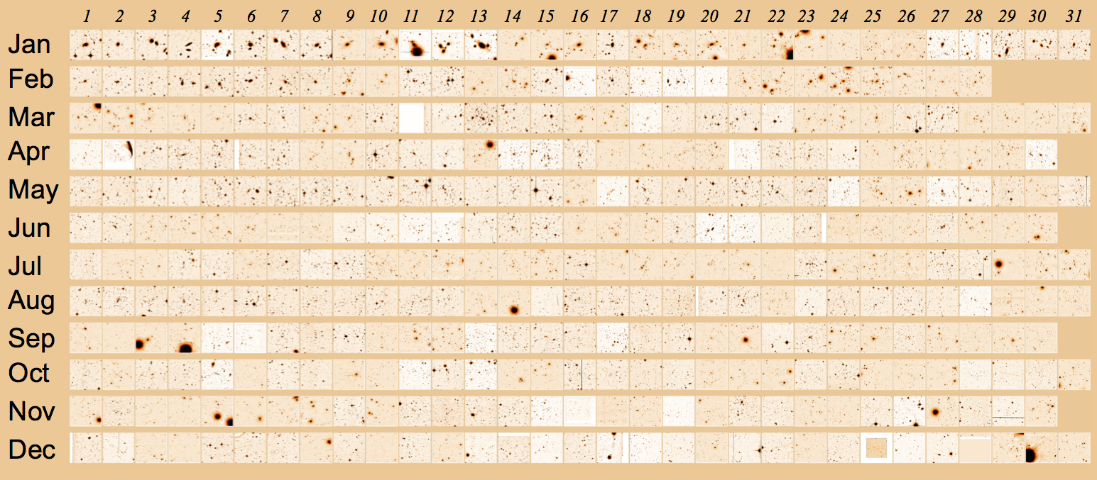 With 365 galaxy clusters discovered in the XXL survey, there are enough for every day of the year. This mosaic shows images of the clusters taken by ESA’s XMM-Newton space observatory arranged in a calender. The clusters are ordered by increasing distance from us, with the most nearby on January 1st and the most distant (seen when the Universe was a quarter of its present age) on December 31st.