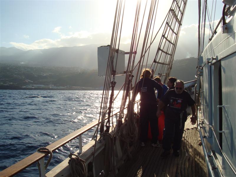 People walking down the side of a tall ship at sea