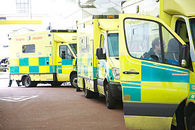 Queue of ambulances waiting outside a hospital