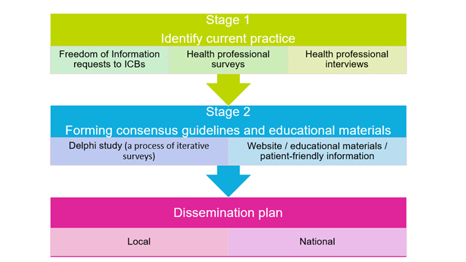 Flow chart showing the research methods to be used in each of the three stages of the DIPP Study: Stage 1: Methods: Freedom of information requests to ICBs; Health professional surveys; Health professional interviews. Stage 2: Metbods: Delphi study (a process of iterative surveys); Website, educational materials, patient-friendly information. Stage 3: Methods: Local; National.