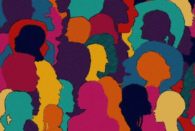 Colourful illustration of people's heads facing in different directions.