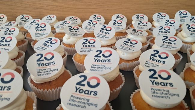 Cupcakes celebrating 20 years of the NIHR (National Institute for Health and Care Research).