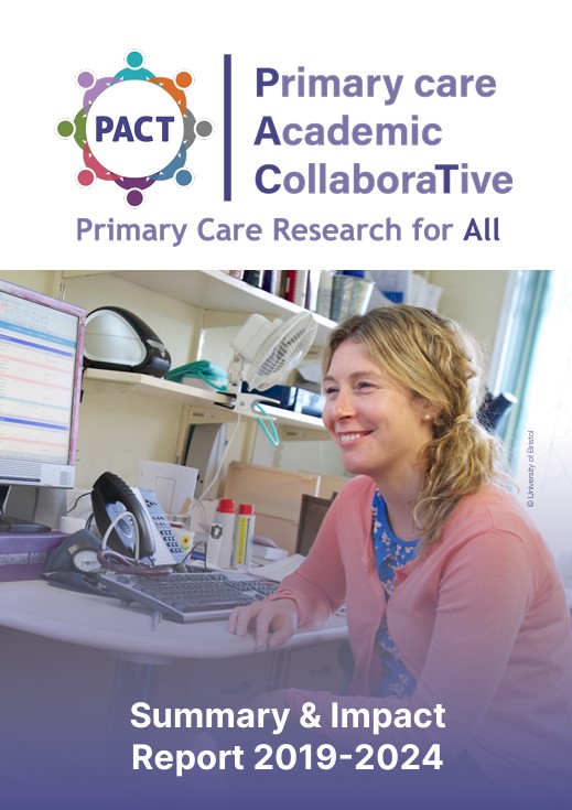 Front cover of the Primary Care Academic Collaborative (PACT) Summary & Impact Report 2019-2024 with photo of smiling GP at desk.