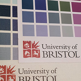 Image showing a printed swatch of colours onto the PVC banner banner material in the foreground with the PVC mesh option behind