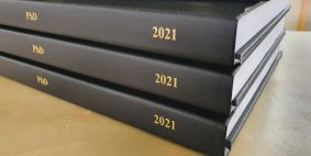Image showing Hard back bound books with gold printing on the spine of the black cover
