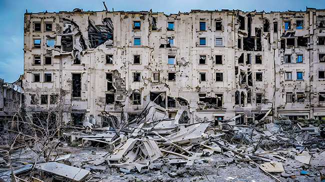 A bombed out multi-storey building in Ukraine
