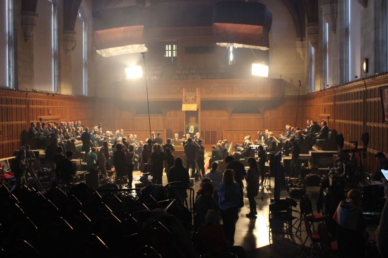 Behind the scenes photo of filming from the Trial Of Christine Keeler at the University's Great Hall. 