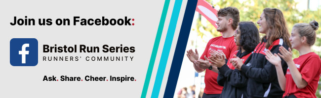 'Join us on Facebook: Bristol Run Series Runner's Community Ask, Share, Cheer, Inspire' banner next to a mix group of people clapping and smiling.