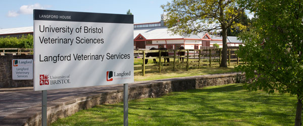 Sign saying 'Langford House, University of Bristol, veterinary Sciences, Langford Veterinary Services' with the University of Bristol Logo and langford logo.
