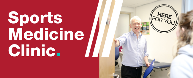 Decorative header which reads Sports Medicine Clinic. Image show Osteopath Gerry welcoming a client into his treatment room. A stamp graphic reads 