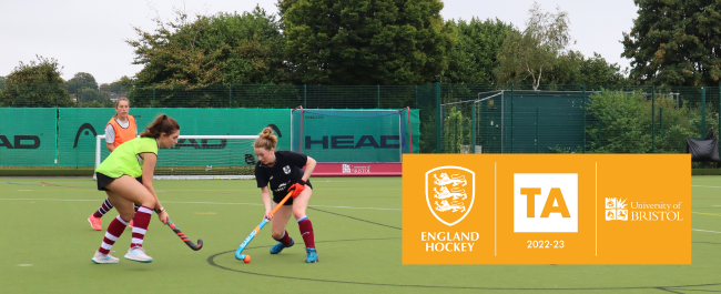 Image of female hockey players on an astroturf, with the logos for England Hockey, Talent Academy and University of Bristol overlaid.