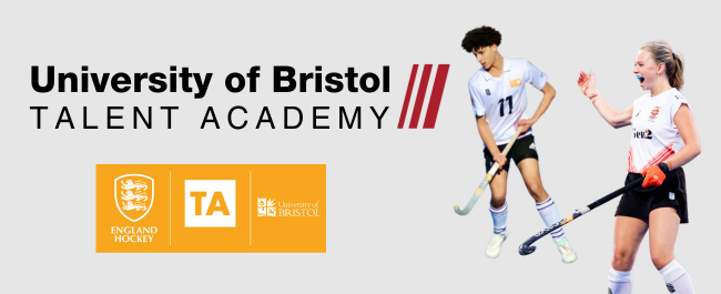A male and a female hockey player in white kit, against a plain grey background. Title reads 'University of Bristol Talent Academy'.
