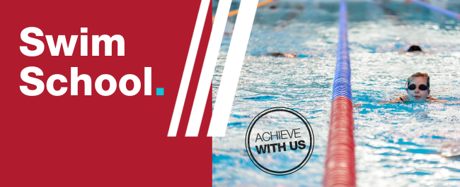 Swim School decorative header. Image of people swimming in a pool, with a woman in goggles in the foreground. A stamp on the image says 
