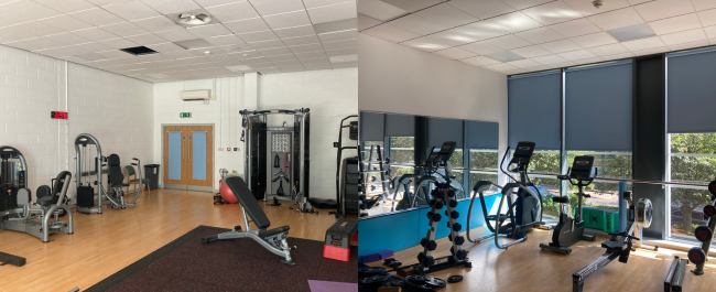 Left hand image shows a bright room with various free-weight machines against the two corner walls with a double door in the middle. The right hand image shows aerobic equipment including a static bike and rowing machine in front of a large window that has blinds.