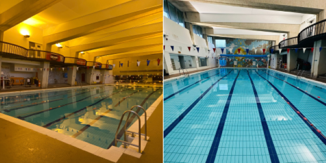 A side by side comparison of the University of Bristol Swimming pool before and after the LED light upgrade took place. The before image shows the pool lit with dimmer, slightly orange light. In the after image, the light is clear and bright.