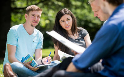 Four students writing and talking together in garden