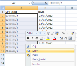 Column converter spreadsheet with column A titled SPR CODE and containing blurred data and column B titled DATE containing dates in 2012. Data in SPR column is highlighted and the right-click menu shows with the cursor hovering over the Copy option.