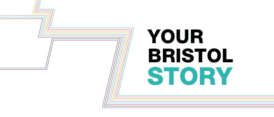 Your Bristol story campaign. White background and multi-coloured decorative lines.