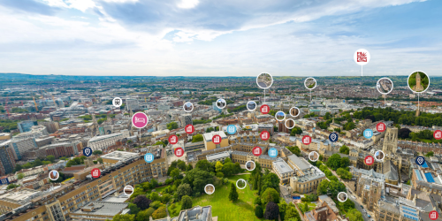 The university of Bristol campus overlaid with graphics detailing specific buildings and accommodation