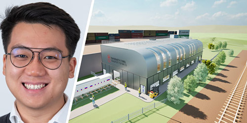 A composite photo of Ethan and an illustration of his new train care facility
