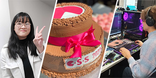 Montage of Joanne, a cake with the CSS logo on it and a student sat in front of a gaming machine with headphones on
