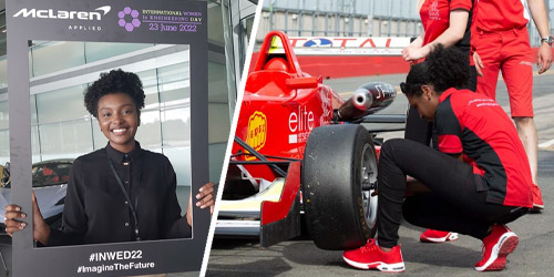 Composite image of Saja Mahmoud standing with an Instagram frame and with her replacing a tyre on a F3 car
