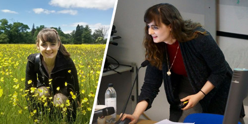 Composite image of Zoe sitting in a field of buttercups and a photo of her presenting 
