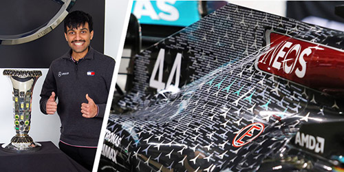 Rohit standing next to a trophy and a close-up of the Formula 1 car's livery