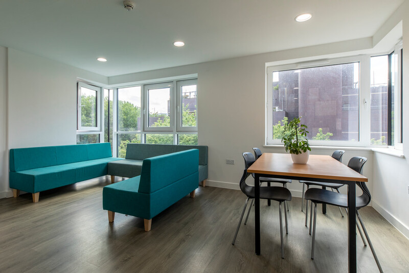 The kitchen and lounge area of a student flat in The Courtrooms