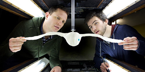 Two students work together studying the contour of a set of wings