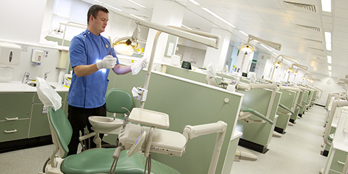 A person adjusting a light over a dental chair in a large room filled with lines of dental chairs. 