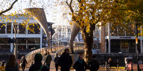 A bridge going over the harbour in Bristol is surrounded by autumnal trees and people walking around the city. 
