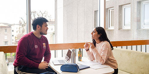 Two people working together at a table in front of a large window with laptops, books and reusable water bottles on.