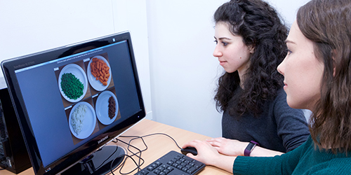 Two people working at a computer with an image of pots of different foods on the screen.