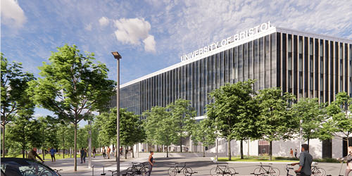 An architects representation of the temple quarter campus - a large glass-plated building surrounded by trees