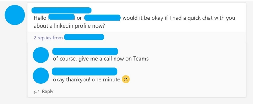 MS Teams chat where someone is asking another to have a call in Teams.